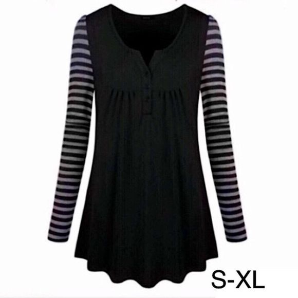 V-Neck Henley Striped Sleeves S/L/XL - Picture 1 of 10